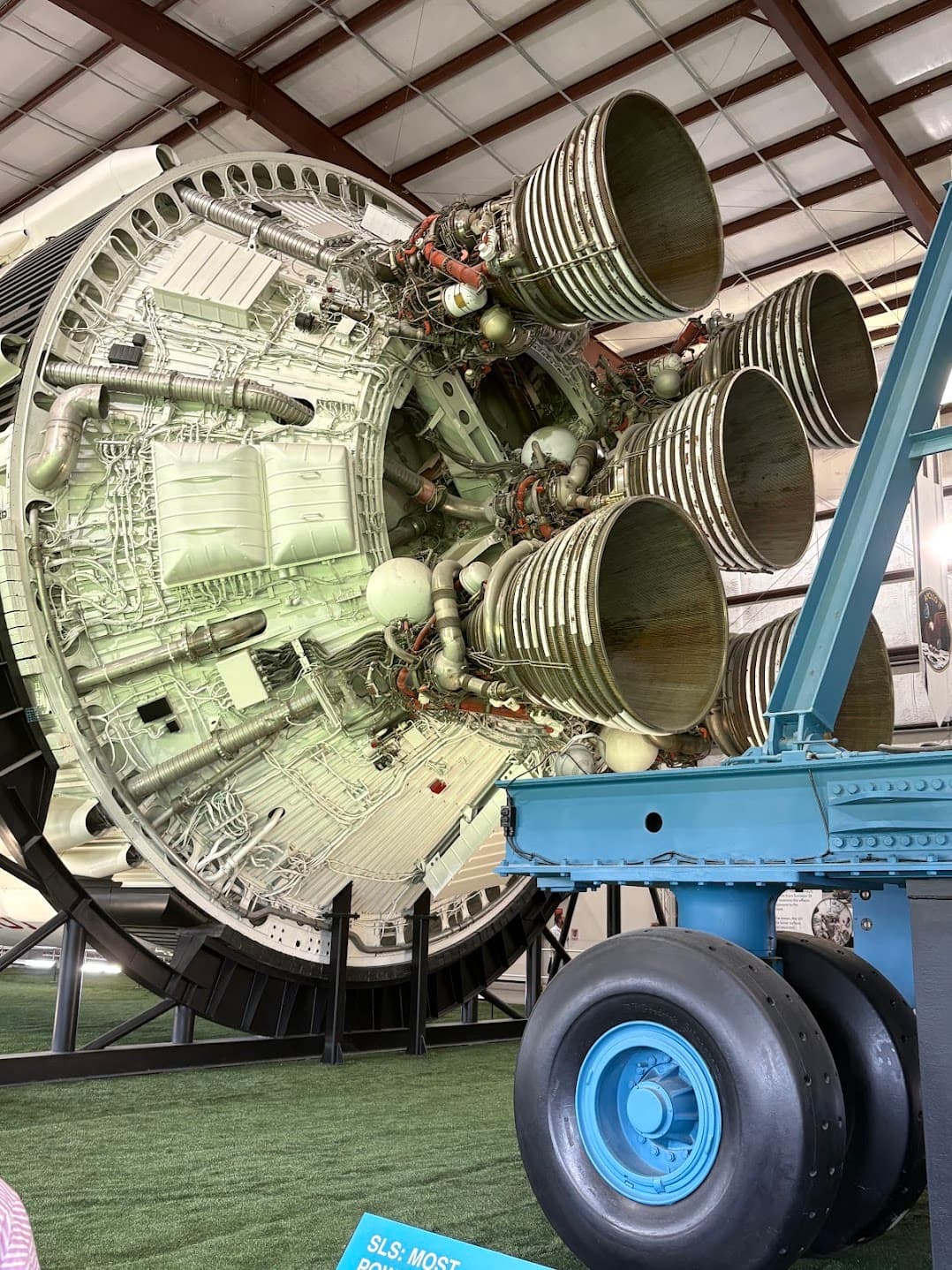 A close view of the Saturn V rocket engines on display at Space Center Houston.