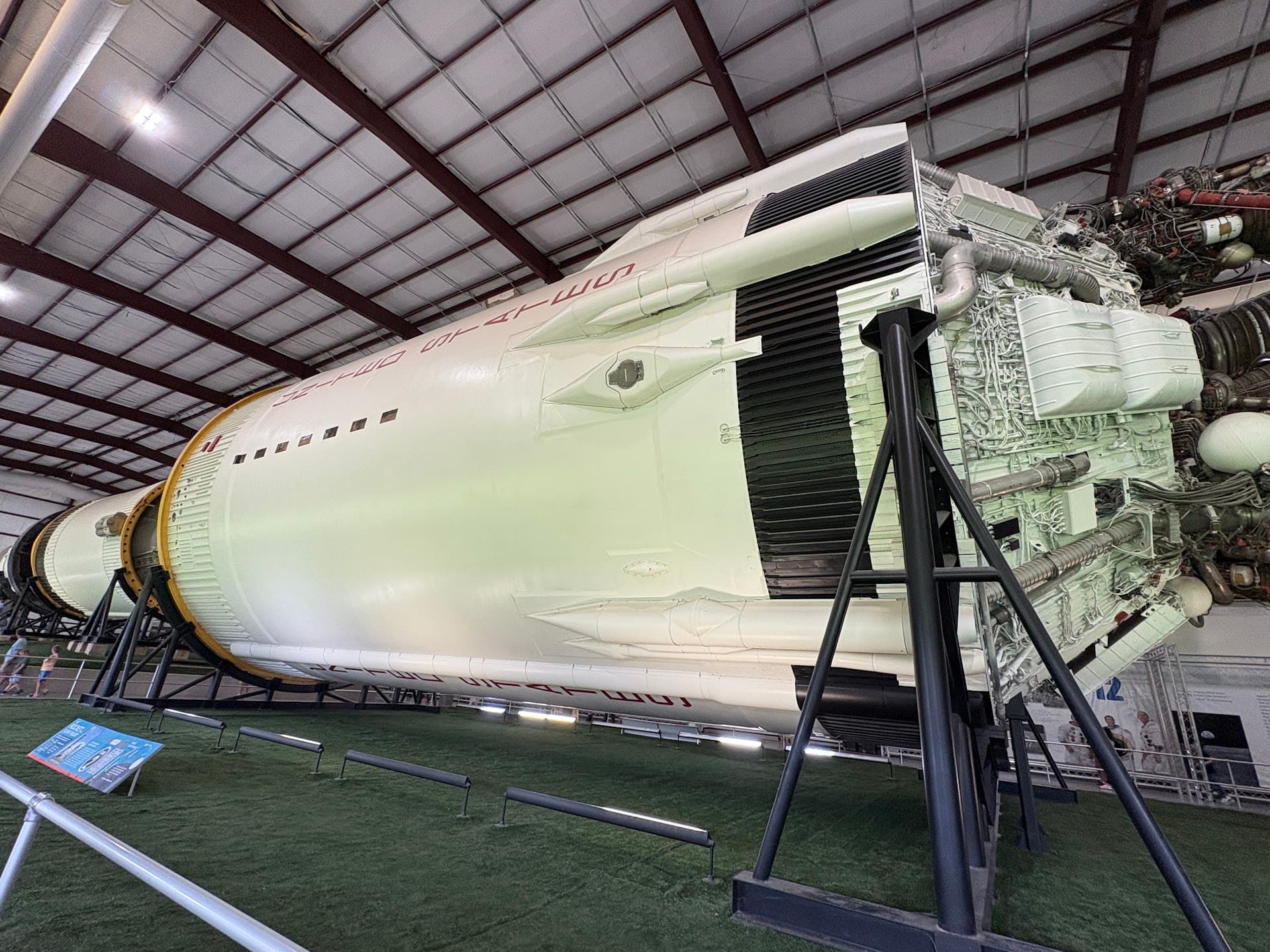 A wide view of the Saturn V rocket exhibit at Space Center Houston.