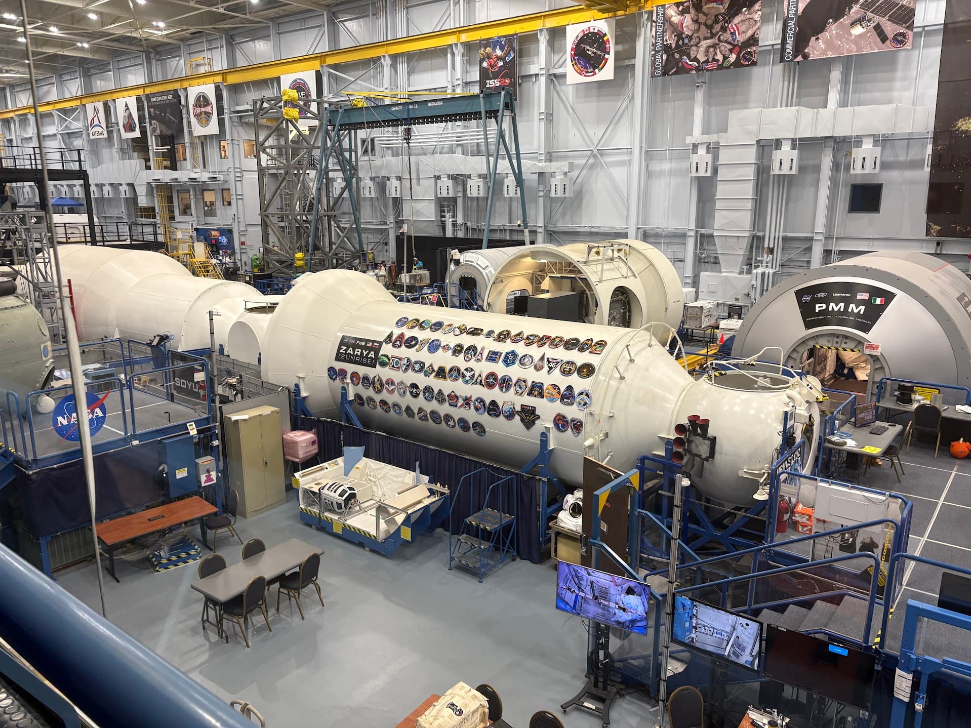 The Zarya module exhibit displayed among space station hardware at Space Center Houston.