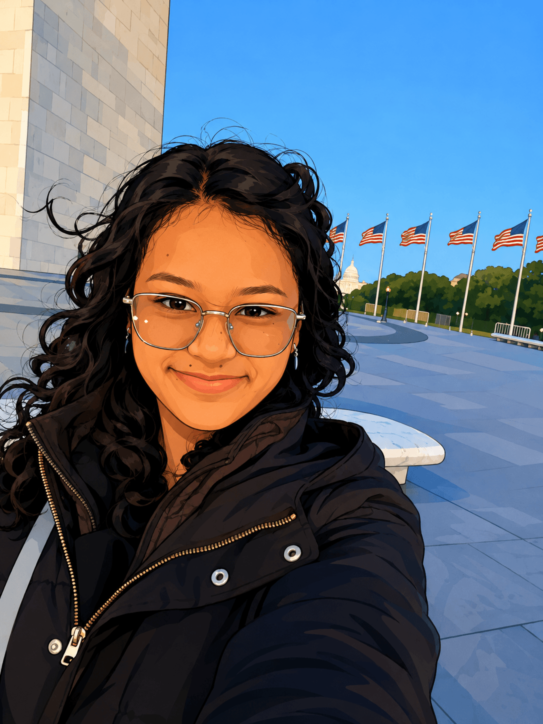 Portrait of Shaila with the Washington Monument and flags in the background